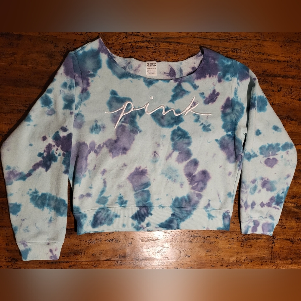 Like New PINK Crop Tie Dye Off Shoulder Women's Sweatshirt XL Blue Green Purple